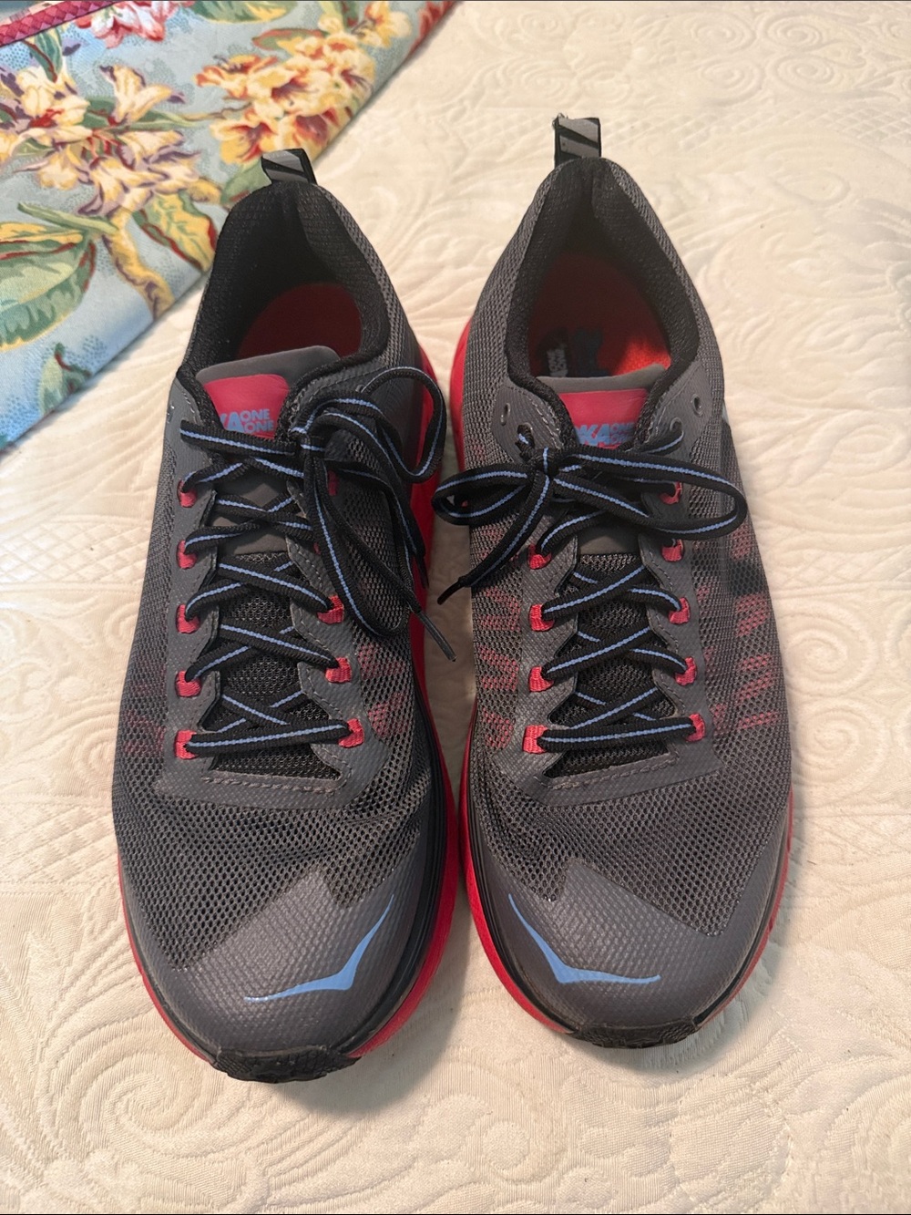 Hoka Men's Gray and Red Athletic Running Shoes with Blue Accents